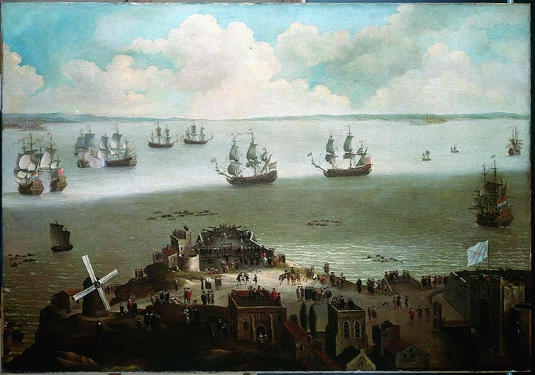 An oil painting depicting a naval battle in the 17th century.