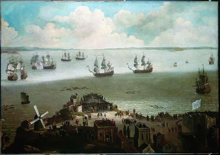 An oil painting depicting a maritime battle in the 17th century.