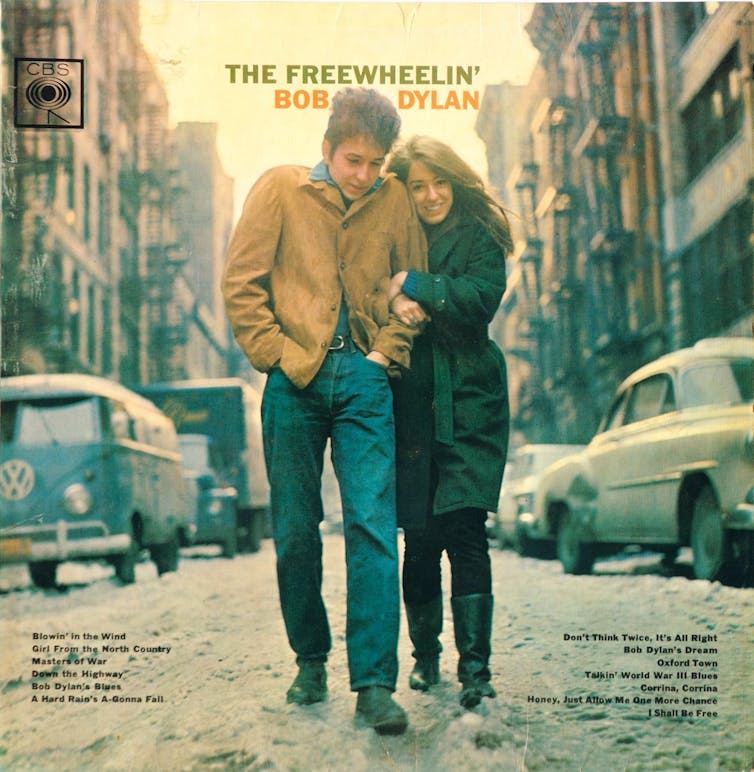 The album cover for The Freewheelin' Bob Dylan showing the musician and his girlfriend walking down a New York street.