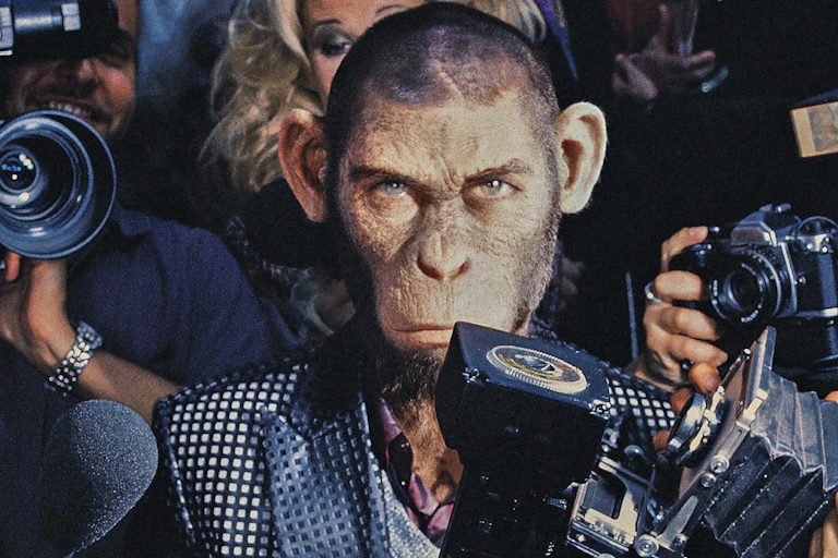 A chimpanzee dressed as a human pop star staring at the camera