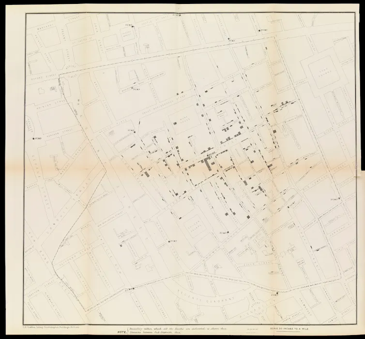 Scanned page of neighborhood map, with stacked black rectangles in various streets