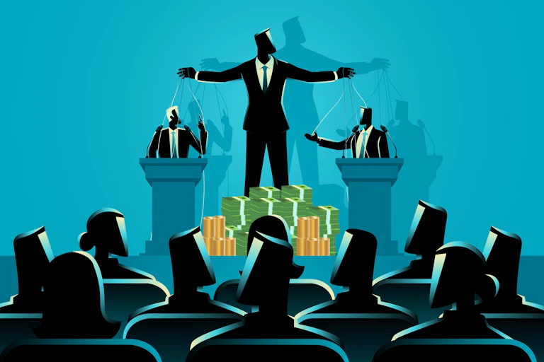 Cartoon: Puppeteer with a pile of money, manipulating a politicians at a podium with strings