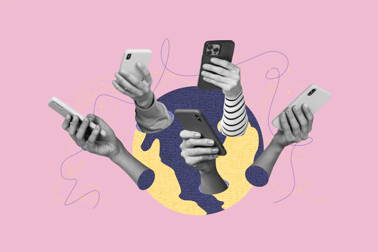 A series of hands holding smartphones against a pink backdrop