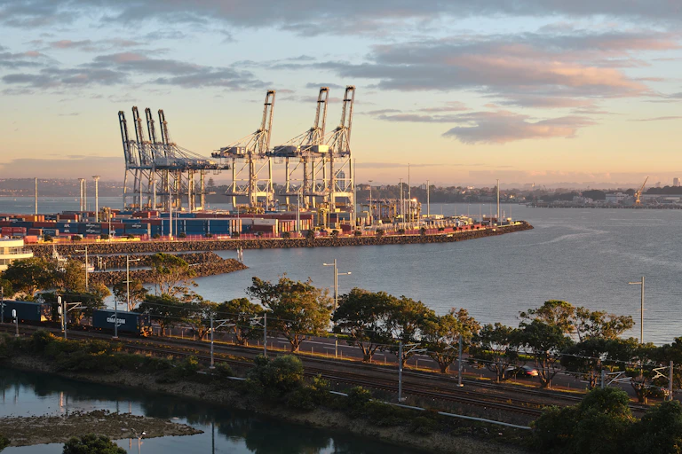 Fergusson Container Terminal Judges Bay Auckland, New Zealand in sunrise.