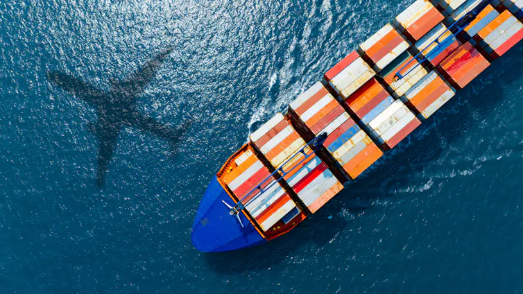 Aerial view of the freight shipping transport system cargo ship container.