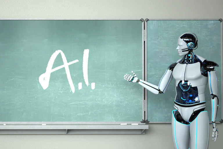 A 3D illustration of a humanoid robot standing at a green chalkboard. The word AI is written on the board in white chalk