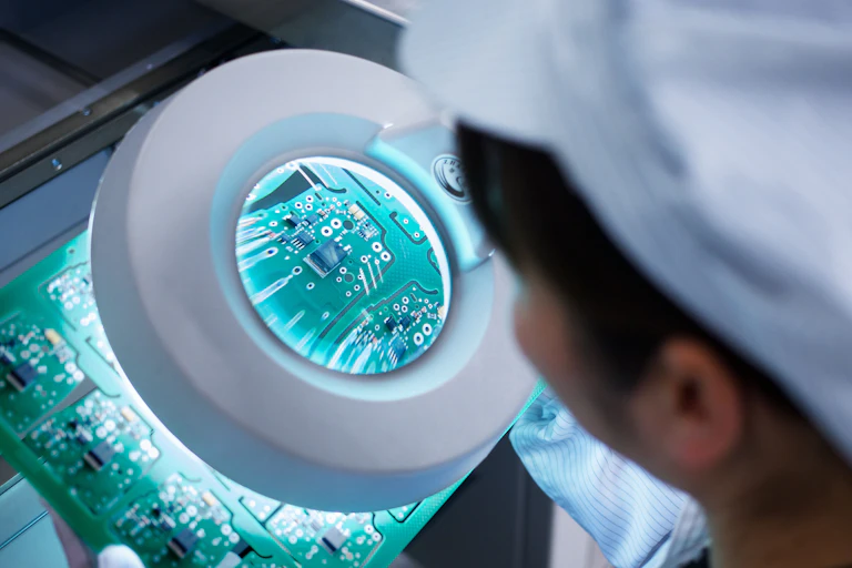 Lab worker examining a motherboard