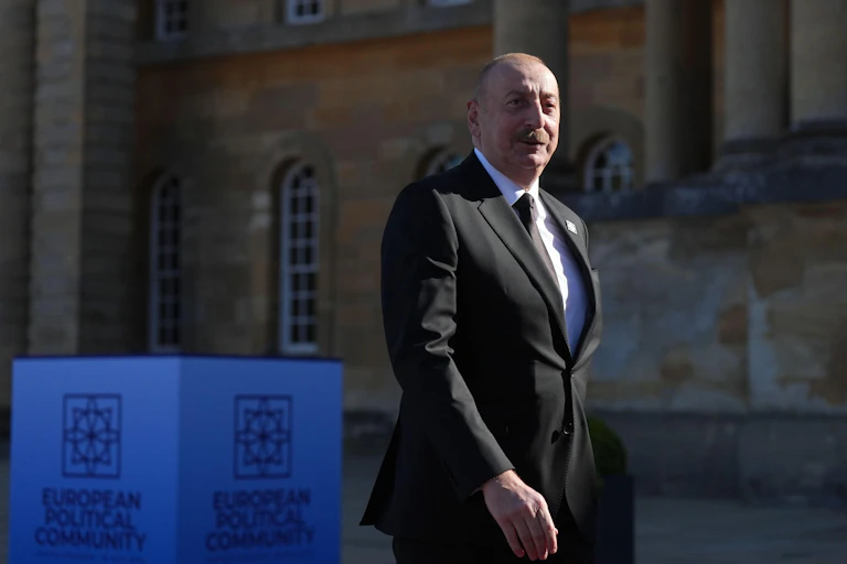 President of Azerbaijan Ilham Aliyev arrives to attend the European Political Community summit at Blenheim Palace in Woodstock, Oxfordshire, in 2024.