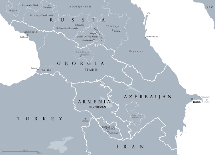 A map of the South Caucasus region.