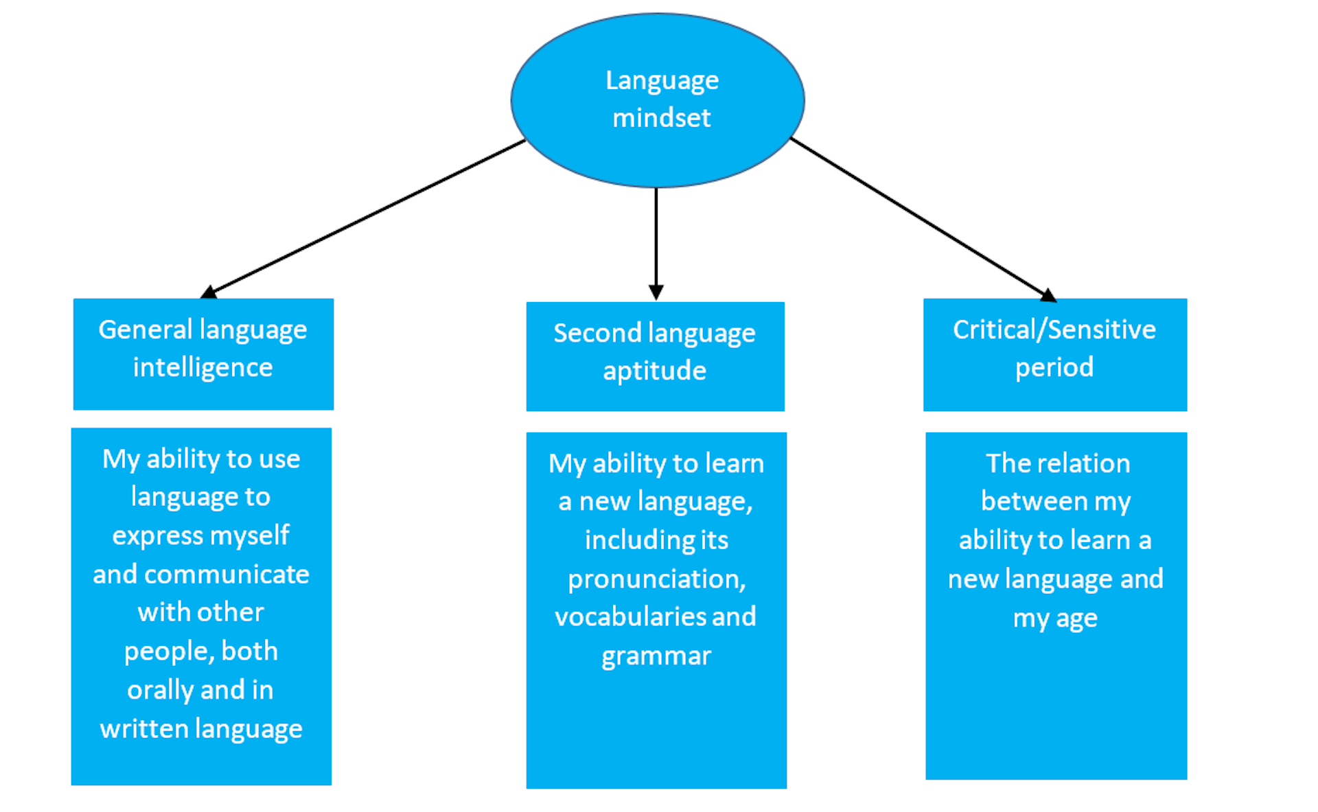 A chart showing language mindset pointing to general language intelligence, second language aptitude and critical sensitive period.