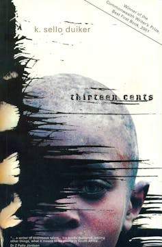 A book cover with an illustration of a young boy with a shaved head and black lines bleeding across his face.