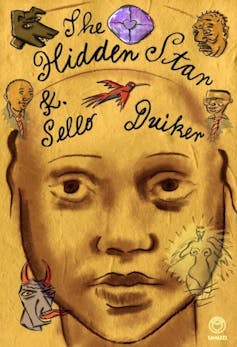 A book cover in yellows and browns with an illustration of a girl's face and symbols surrounding her, of a demon, a lion, a naked woman, a stone, a dog and men.