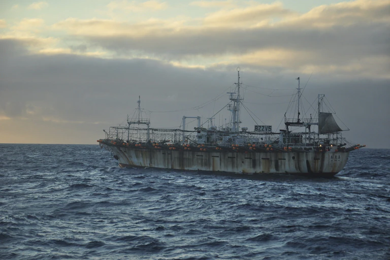 A fishing vessel on the sea at dusk.