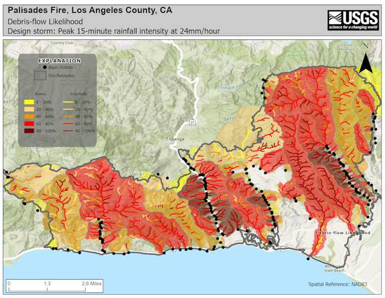 The map shows high risk in several areas in and around Pacific Palisades and Malibu.