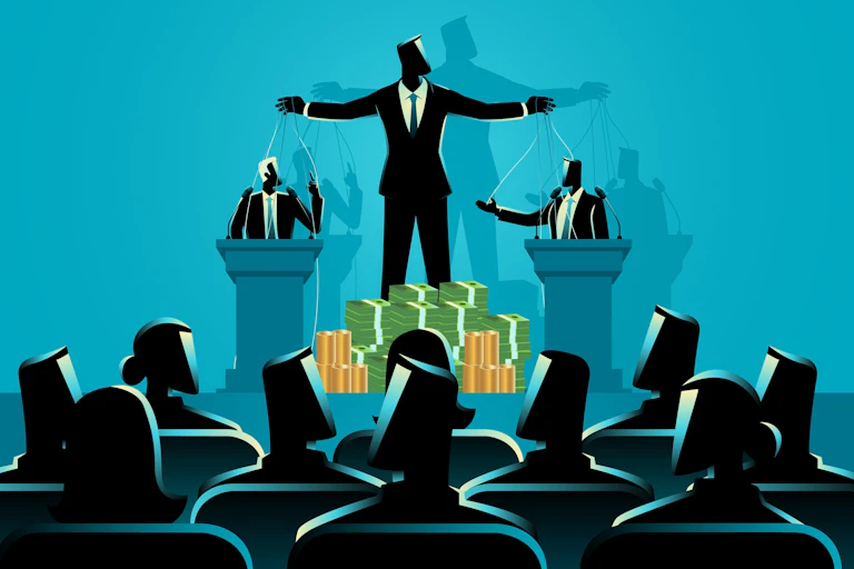 Cartoon: Puppeteer with a pile of money, manipulating a politicians at a podium with strings