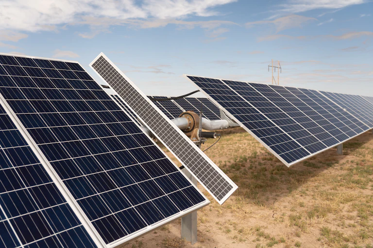 Rangées de panneaux solaires dans un champ solaire de 1 mégawatt dans l'ouest du Texas.