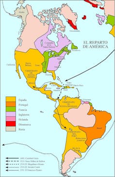 Mapa en el que se ven los diferentes territorios colonizados en América.