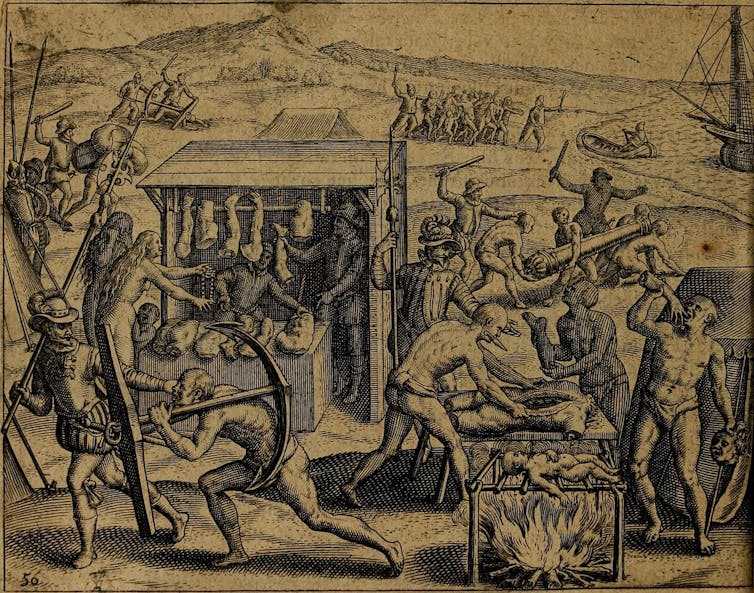 Ilustración de unos conquistadores españoles vendiendo y obligando a comer carne humana a los nativos americanos.