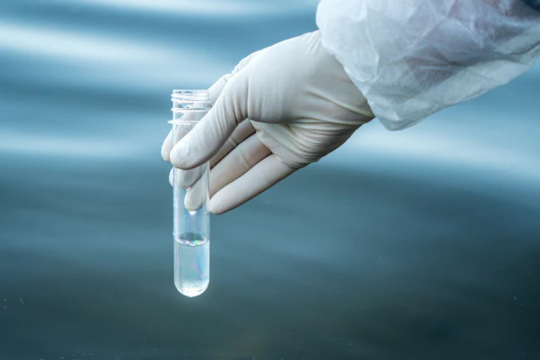 scientist hand in white latex glove and labcoat holds testtube of water, water in background