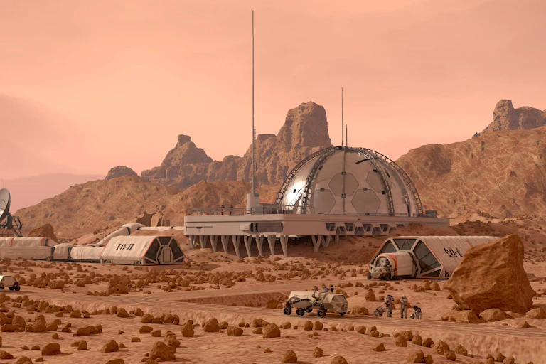 An illustration of a Mars colony, including a habitation dome, communication antenna and astronauts.