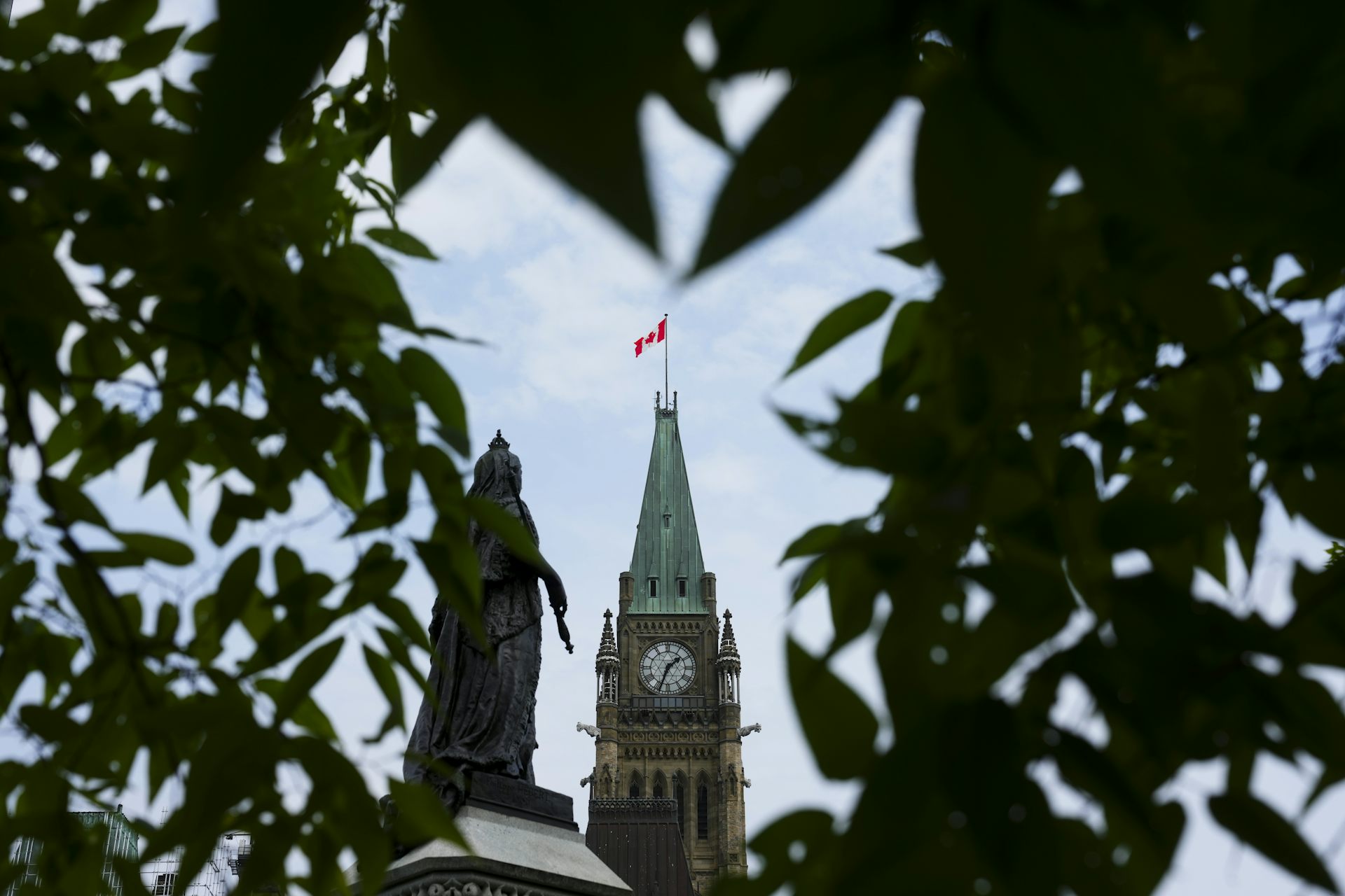 The Canadian flag atop a tower seen through leaves.