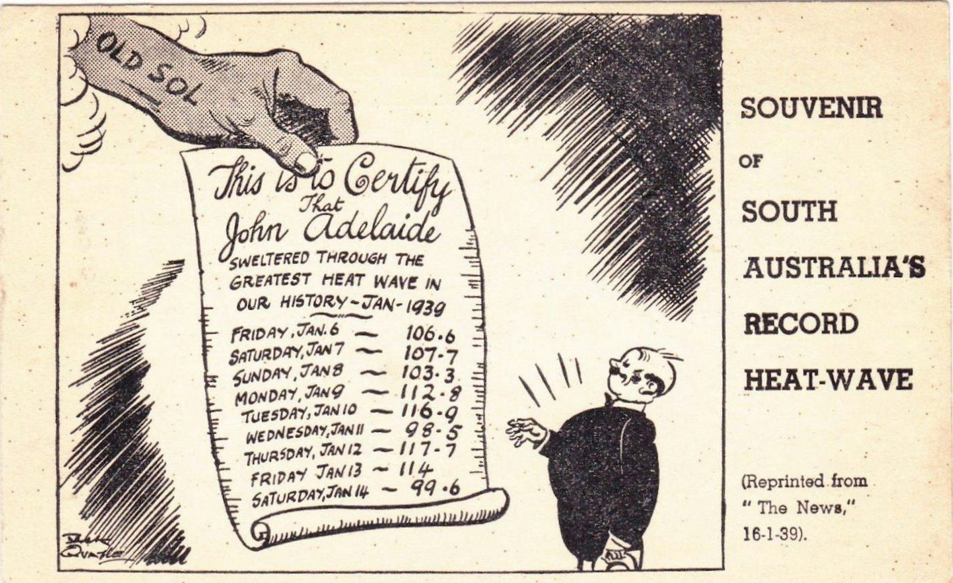 A newspaper cartoon on January 16, 1939, showcases South Australia's record heatwave