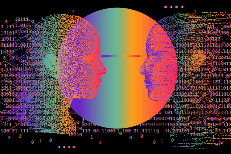 3D human head made of pixels in neon holographic vivid colours on dark background.