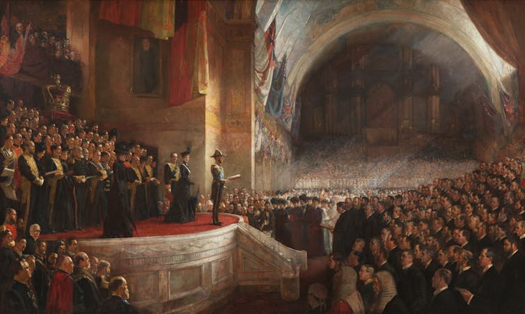 Oil painting of men in a large exhibition hall.