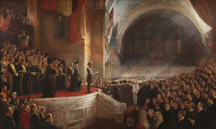 Oil painting of men in a large exhibition hall.