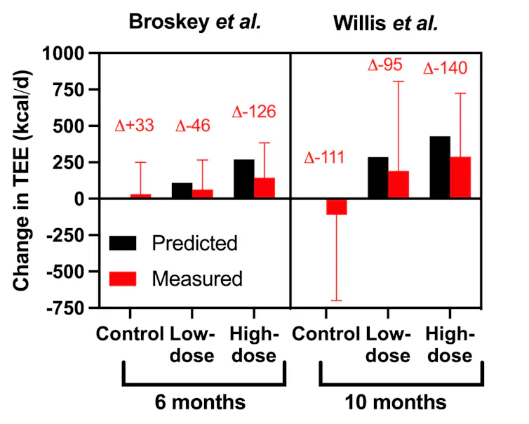 A chart depicting the predicted and measured changes in total energy expenditure from two randomised controlled trials of increasing exercise on total energy expenditure.
