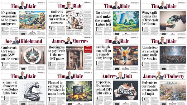 An overview of twelve opinion columns published by The Daily Telegraph and each featuring an image generated by an AI tool.