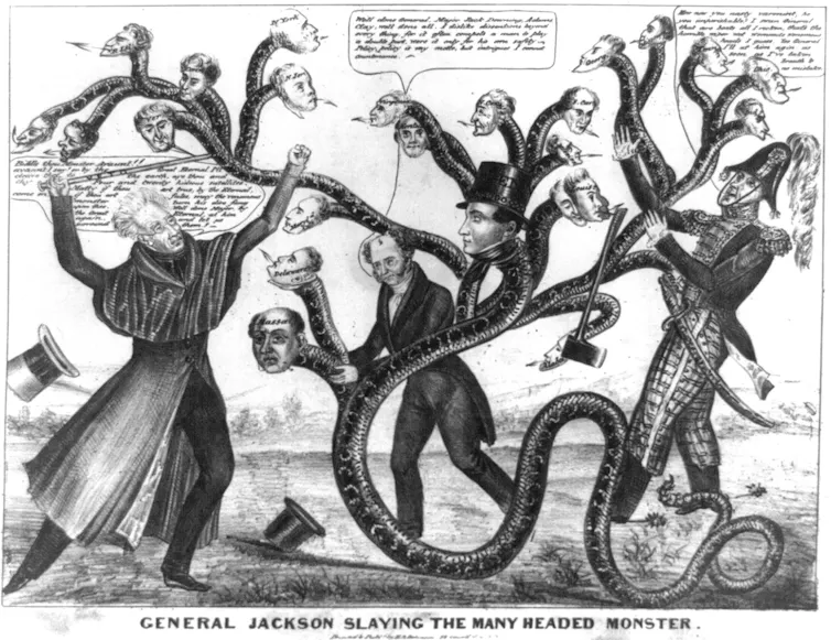 A black-and-white editorial cartoon shows Andrew Jackson, Martin Van Buren and Jack Downing fighting a hydra-headed snake.