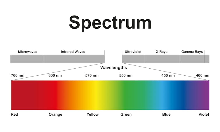 Graphic of the electromagnetic spectrum, breaking out visible light ranges by wavelength
