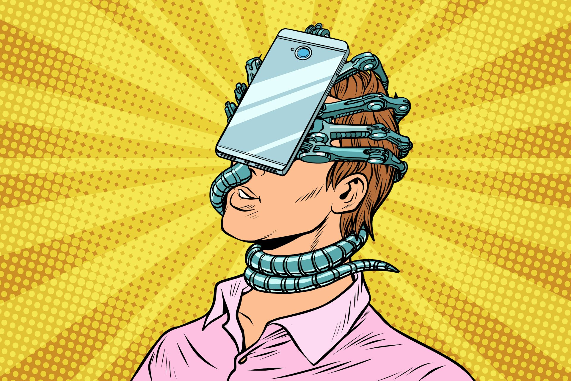 un homme dont le visage est agrippé par son téléphone portable