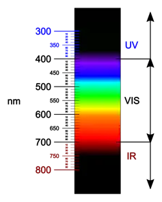 A diagram showing the visible light spectrum, with indigo and violet having shorter wavelengths than red and orange.