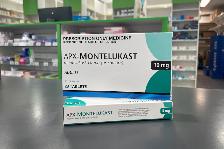 A box of montelukast on a pharmacy counter.