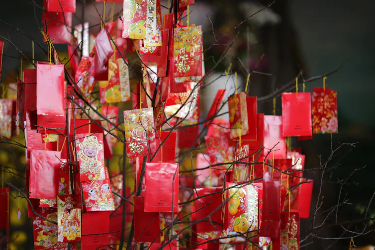 Envelopes hang from tree branches.