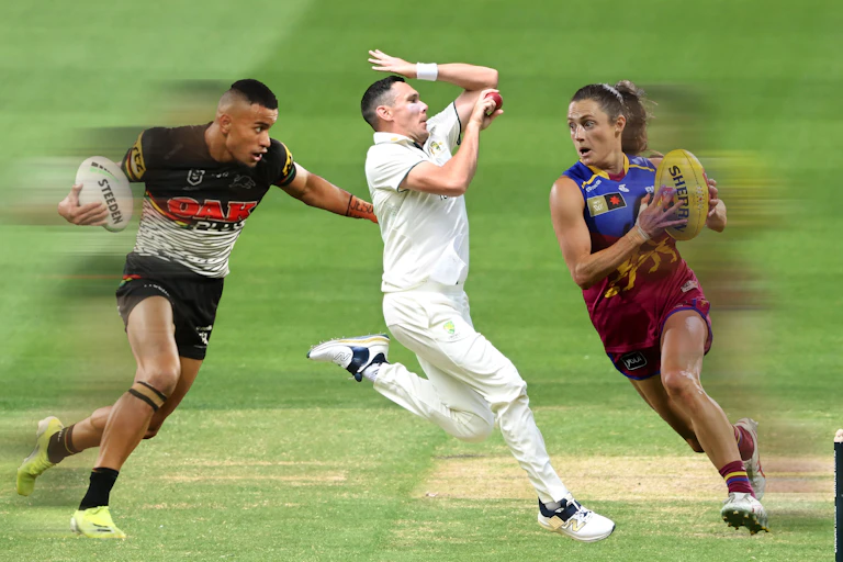 Scott Boland of Australia bowls while Stephen Crichton and Ruby Svarc try to tackle him