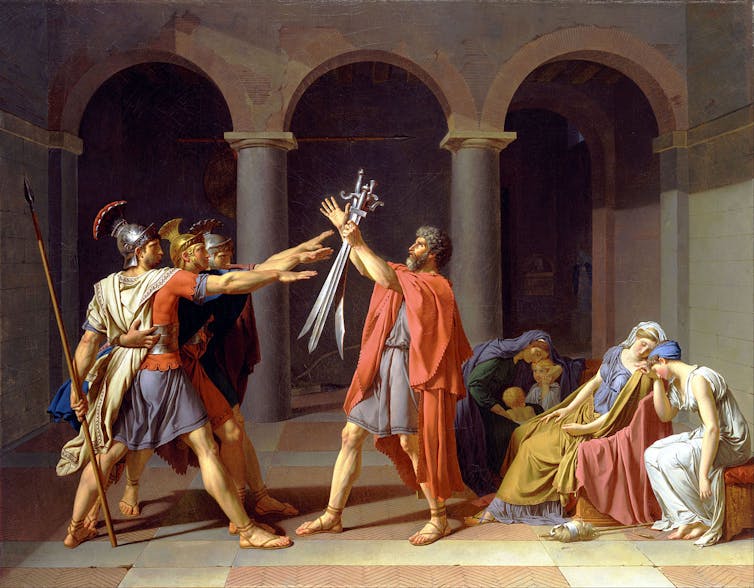 Pintura de una escena romana en la que varios hombres alzan las manos ante otro hombre frente a ellos.