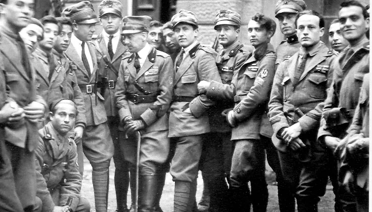 Gabriele d'Annunzio (in the centre with the cane) and some 'legionaries' of the Arditi (shock troops) corps of the Italian Army, at Fiume in 1919.