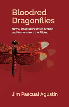 A book cover in red with an illustration of a red dragonfly in duplicate as if it has a shadow.