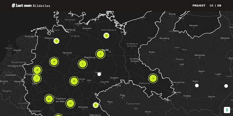 A screenshot of the LastSeen digital atlas shows locations of deportations where visual documentation has been uncovered.