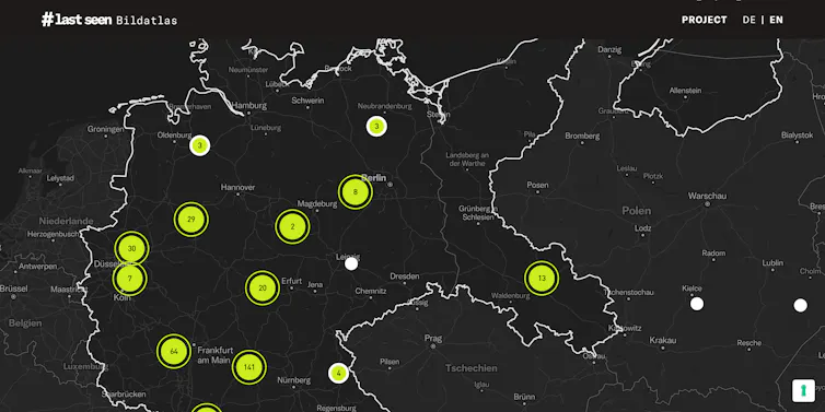 A screenshot of the LastSeen digital atlas shows locations of deportations where visual documentation has been uncovered.