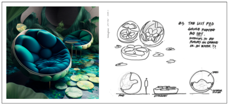 How AI can help in the creative design process :: InvestMacro 1 Turquoise love seats surrounded by lily pads. A more polished version, with green lily pads and blue water, is juxtaposed with a sketched version of the image.