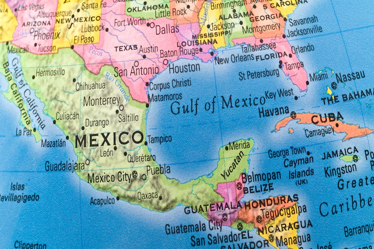 Map of Gulf of Mexico showing southern USA, Mexico and Central America