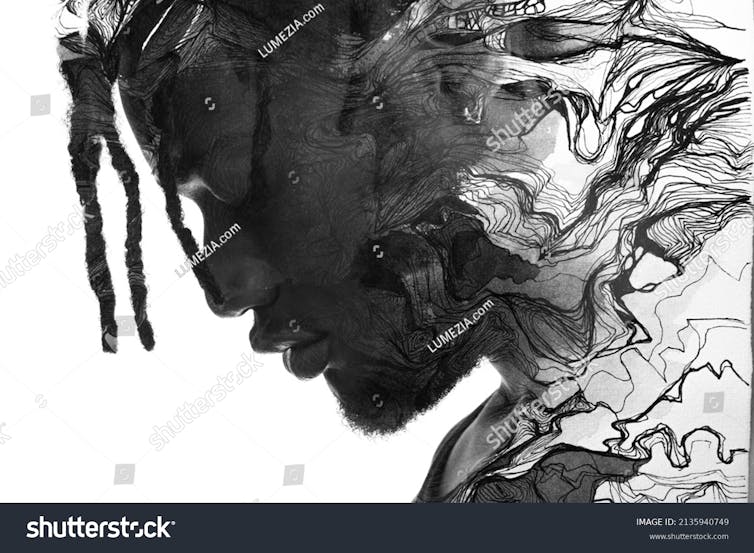 Black and white portrait of a Black man in profile merging with a series of abstract lines