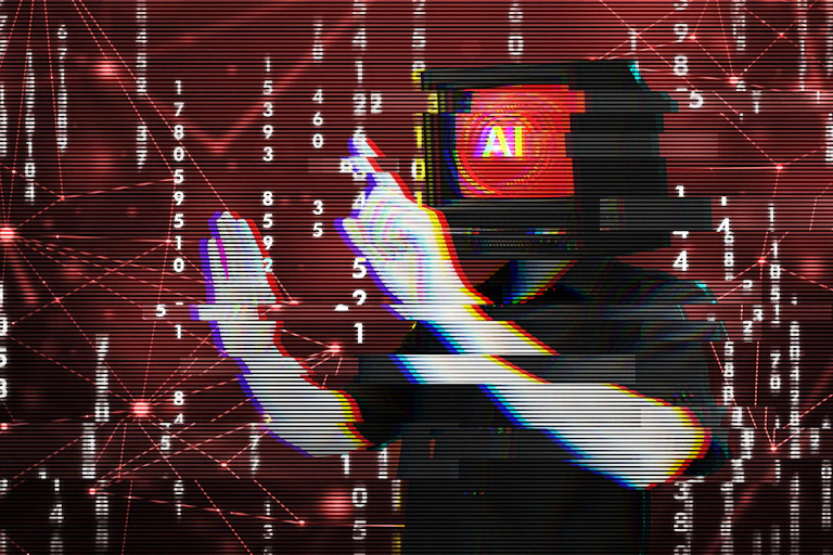 Person with a computer screen head symbolizing artificial intelligence.