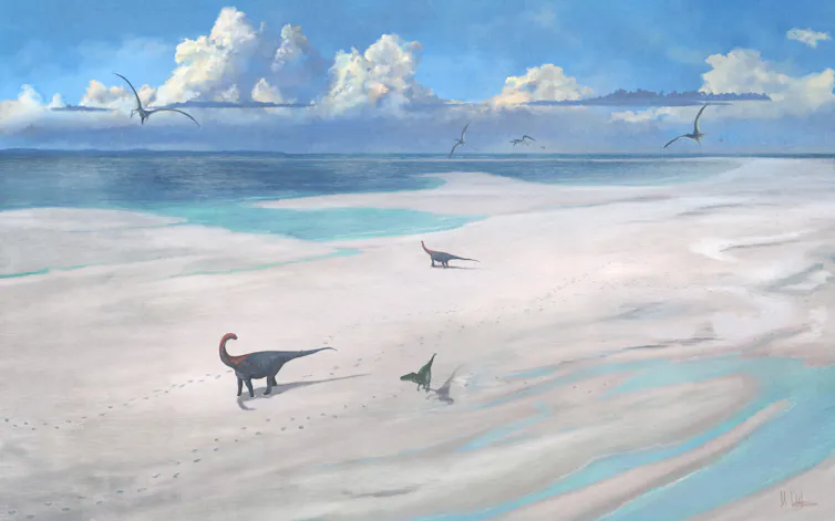Artist's impression of Dewars Farm during the Mesozoic era, showing Megalosaurus and Cetiosaurus.