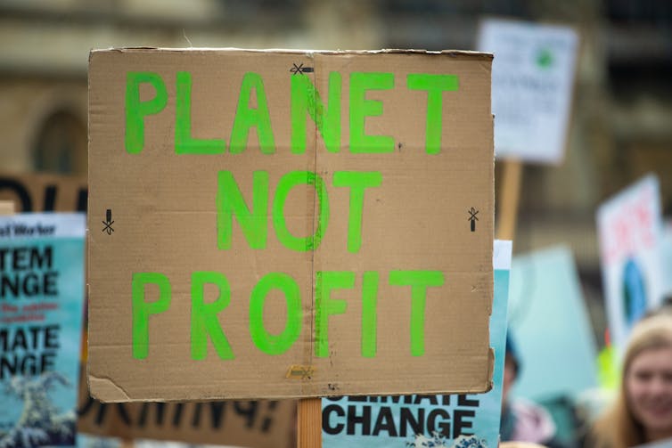 placard with green text, planet not profit