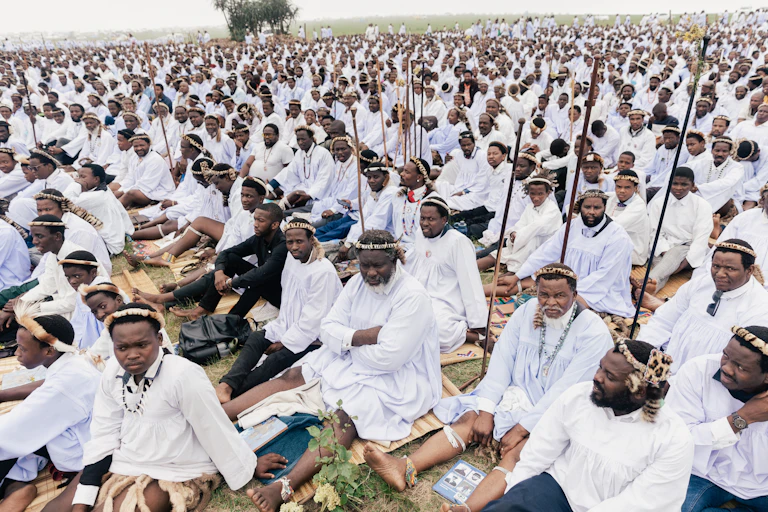 Followers of the Nazareth Baptist Church, also known as the Shembe Church's Ebuhleni group, attend a church service on the Canaan Holy Mountain in Ndwedwe, near Durban.